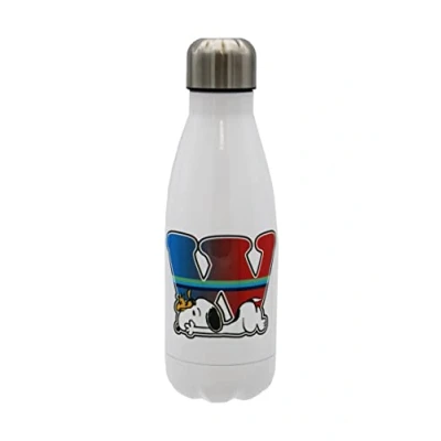 Abbildung von Snoopy Edelstahl Wasserflasche, hermetischer Verschluss, mit mehrfarbigem Buchstaben W Design, 550 ml, weiße Farbe, offizielles Produkt (CyP Brands)