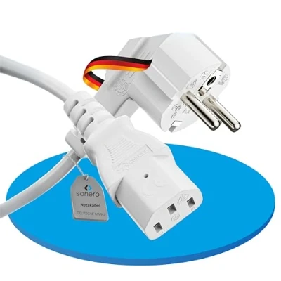 Abbildung von sonero Stromkabel Kaltgerätekabel 3 Polig, 2,0m, 90 Winkel Schutzkontakt Schuko Stecker Netzstecker auf Kaltgerätekupplung C13 Buchse, Netzkabel Netzteil Strom Kabel für Monitor PC Drucker, Weiß