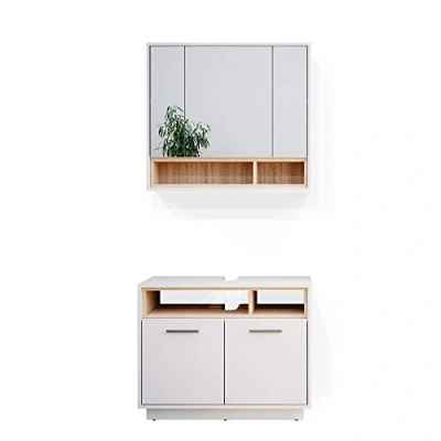 Abbildung von Vicco Badmöbel Set Beatrice, Weiß/Sonoma, 2 Teile, (3 er Set, 3 St., Spiegelschrank, Unterschrank,Hochschrank)