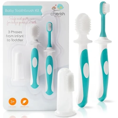 Abbildung von Cherish Baby Care Zahnbürste, Kinderzahnbürste &amp; Fingerling in einem Set (3 24 Monate) Sicherheitsgeprüft 100% BPA frei, Aus Lebensmittelechtem Silkon (Türkis)
