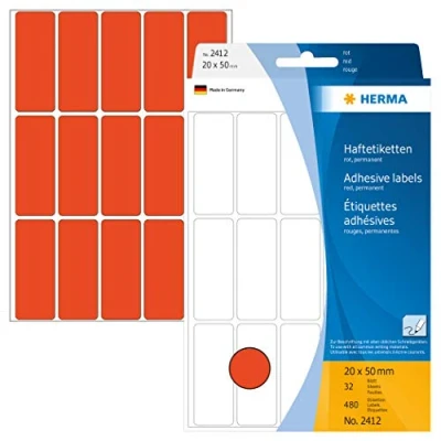 Abbildung von HERMA 2412 Vielzweck Etiketten, 480 Stück, 20 x 50 mm, 15 pro Bogen, selbstklebend, Haushaltsetiketten zum Beschriften, matt, blanko Papier Klebeetiketten Aufkleber, rot