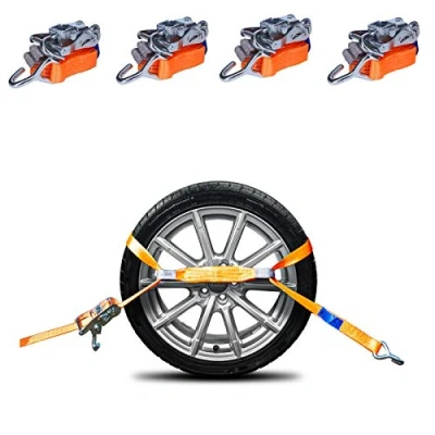 Abbildung von 4 x Spanngurt für Autotransport, 3.000 daN, Kg, 3 Tonnen Meter, DIN EN 12195 2 Zurrgurt zur Radsicherung auf Trailer Anhänger, PKW, KFZ, Transporter