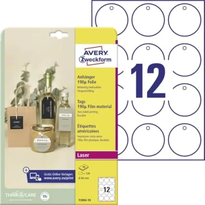 Abbildung von AVERY Zweckform T3004 10 stabile Anhänger 120 Stück inkl. Schnüre (⌀60mm auf A4, beidseitig bedruckbare Produktanhänger, reißfeste, strapazierfähige Geschenkanhänger, Preisanhänger) Folie, weiß