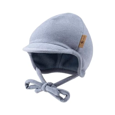 Abbildung von Sterntaler Schirmmütze aus Feinstrick Jungen mit angeschnittenen Ohrenklappen und Bindeband Baby Beanie, gefüttert weichem Baumwollfleece samtblau, 45
