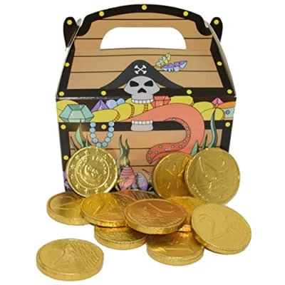 Abbildung von 1x 100g Goldmünzen aus Milchschokolade plus Piraten Schatzkiste Karton I Ideal als Mitgebsel und für Kindergeburtstage