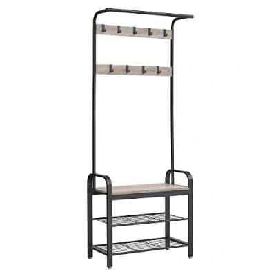 Abbildung von VASAGLE Garderobenständer, Garderobe, mit Schuhbank, 4 in 1 Design, 9 abnehmbare Haken, Kleiderstange, Eingangsbereich, Flur, 33,7 x 72 183 cm, Industrie Greige schwarz HSR40MB