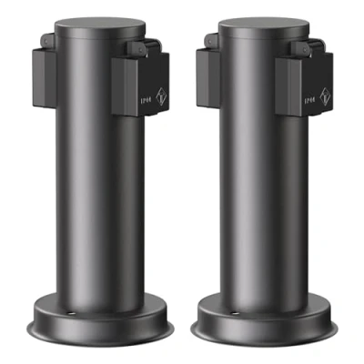 Abbildung von ledscom.de 2 Stück Garten Steckdosensäule PORU für außen, IP44, Fach, Edelstahl, schwarz, rund, 27 cm