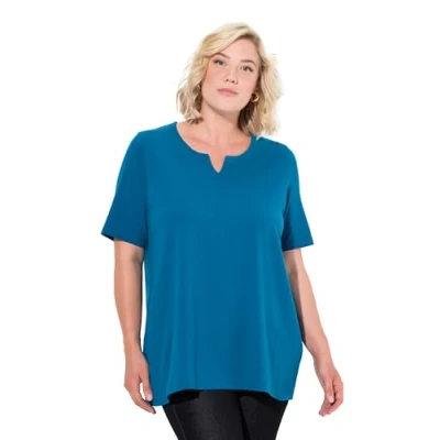 Abbildung von Ulla Popken Ausschnitt Halbarm Tshirt basic, Damen, Größe: 46/48, Cerulean