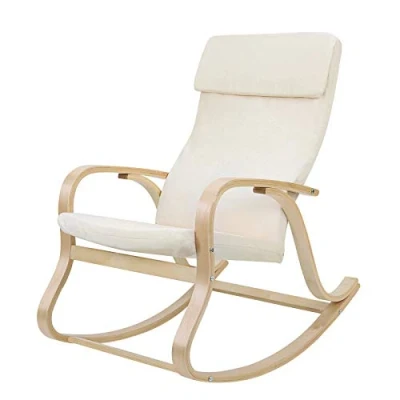 Abbildung von SONGMICS Schaukelstuhl, Schwingsessel, Relaxstuhl, Belastbarkeit 120 kg, Gestell aus Birkenholz, Bezug Leinenimitat, Baumwolle, beige LYY30M, 65 x 90 98 cm