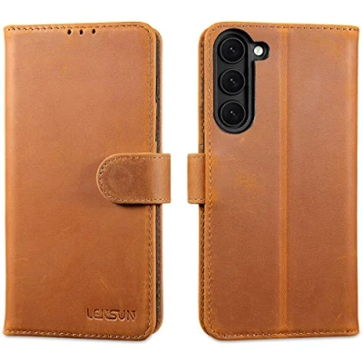 Abbildung von LENSUN Echtleder Hülle für Samsung Galaxy S23 Plus, Handyhülle [Echtes Leder] [Magnetverschluss] [RFID Schutz] Lederhülle Handytasche S23+ 5G Vintage Braun