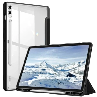 Abbildung von Fintie Hybrid Hülle für Samsung Galaxy Tab S9 FE+/Tab Plus 12.4 Zoll 2023 Tablet mit Stifthalter Stoßfeste Schutzhülle transparenter Hartschale auf der Rückseite, Lila Marmor