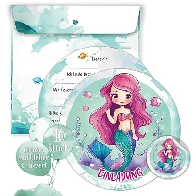 Abbildung von TOBJA Grußkarte Einladungskarten Meerjungfrau inkl Umschläge und Sticker, Kindergeburtstag Mädchen Geburtstag Einladung Kinder