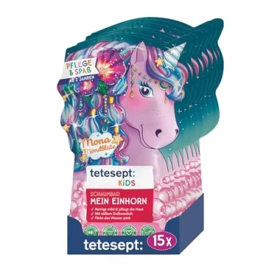 Abbildung von tetesept Kids Badespaß Schaumbad &quot;Mein Einhorn&quot; Pflegender Badezusatz für Kinder mit fruchtigem Erdbeerduft 2 verschiedene Designs im gemischten Karton 15er Pack (15 x 40 ml)