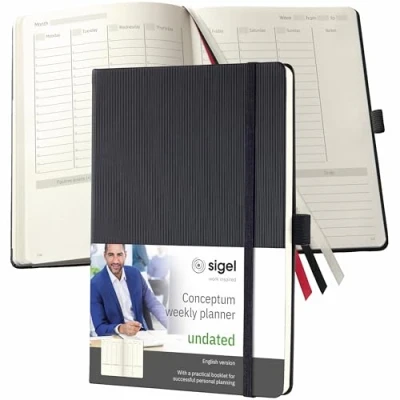 Abbildung von SIGEL CO701 Undatierter Wochenplaner, ca. A5, schwarz, Hardcover, für 1 Jahr, inkl. Erfolgsjournal, englisch, aus nachhaltigem Papier, Conceptum
