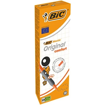 Abbildung von BIC Matic Original Comfort, Druckbleistifte mit 0,7 mm druckfester HB Mine, verschiedene Schaftfarben (blau, orange, gelb und grau), 12 Stück