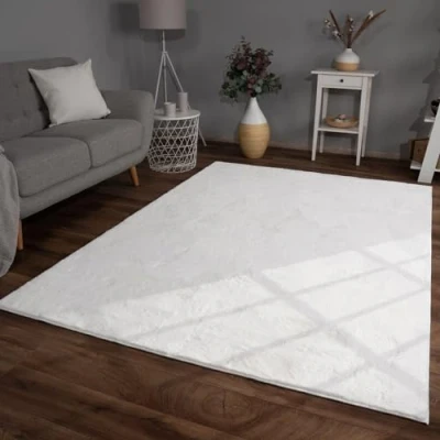 Abbildung von TT Home Wohnzimmer Teppich Hochflor Langflor Kunstfell Weich Modern Unifarben Flauschig, Farbe:Weiß, Größe:80x150 cm