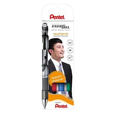Abbildung von Pentel BL77 4 EnerGel Gel Tintenroller mit Druckmechanik, 0,7 mm Kugeldurchmesser = 0,35mm Strichstärke, nachfüllbar, 4er Set, sortiert (sw/rt/bl/gr), 1 stück (4er Pack)
