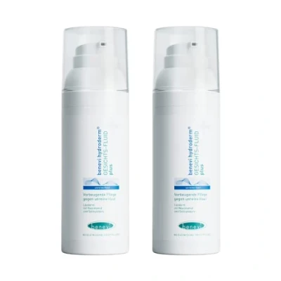 Abbildung von benevi hydroderm Gesichts Fluid plus 2 x 50 ml für unreine, zu Akne neigende Haut ohne Entzündungszeichen. Leichte, lipidarme Pflege mit Milchsäure, Salicylsäure und Nicotinamid.