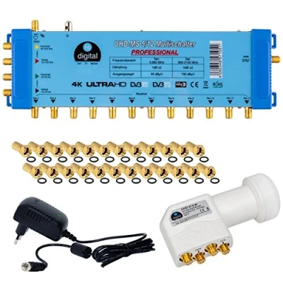 Abbildung von HB DIGITAL Set: Quattro LNB Weiß (Test: SEHR GUT) + Multischalter pmse 5/12 1x Satellit und bis zu 12x Teilnehmer/Receiver für Full HDTV 3D 4K UHD mit Netzteil 25 Vergoldete F Stecker