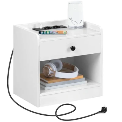Abbildung von HOOBRO Nachttisch mit Ladestation, Beistelltisch Schublade und offenen Fächern, USB Anschlüsse Steckdosen, Ablageregal, für Schlafzimmer, Wohnzimmer, Weiß EWT282BZ01