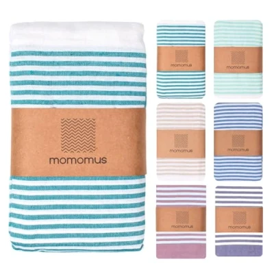 Abbildung von MOMOMUS Fouta XXL oder Picknickdecke für den Strand Mit Fransen, Gestreift und Leicht Große Stranddecke, Sandfreie Strandmatte Faltbare Campingdecke Meergrün, 210x240 cm