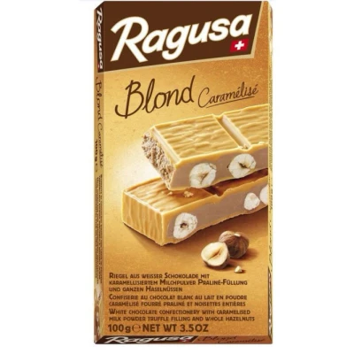 Abbildung von Ragusa Blond Tafel 100g Weiße Schokolade mit karamellartigem Geschmack und ganzen Haselnüssen Original Schweizer (1 x 100g)