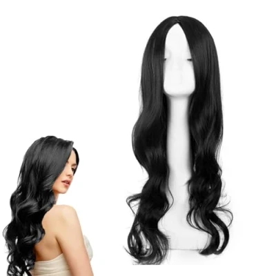 Abbildung von QSZHSL Lange Gewellt Schwarz Perücke für Frauen Mädchen, 28 Zoll/ 70 cm Länge Wavy Synthetische Perücke, Natürliche Farbe Lockige Gewellte Perücken, Partys Cosplay Täglich (Schwarz)