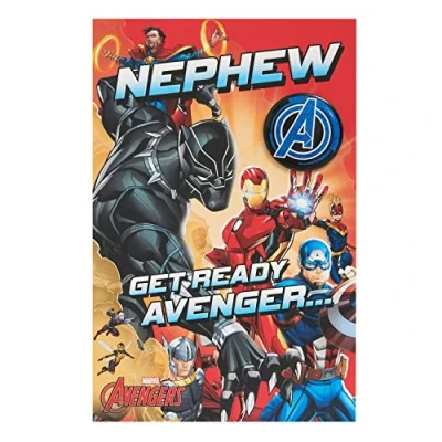 Abbildung von UK Greetings Disney Avengers Geburtstagskarte für Neffen mit Umschlag Kinder Design Abzeichen, mehrfarbig, 149 mm x 229