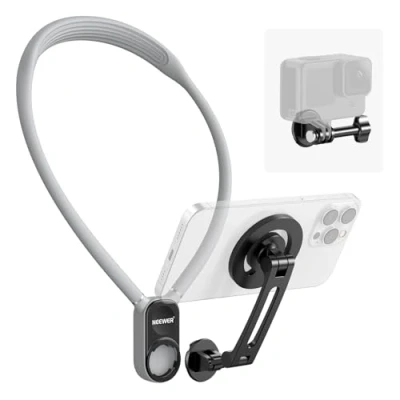 Abbildung von NEEWER Magnethalterung Neck Releaser für Action Cam Phone, freihändige Nackenhalterung Handy Halter, kompatibel mit GoPro DJI Insta360 iPhone 16 15 Android Hals Telefonhalter POV Vlog, Grau, GP1