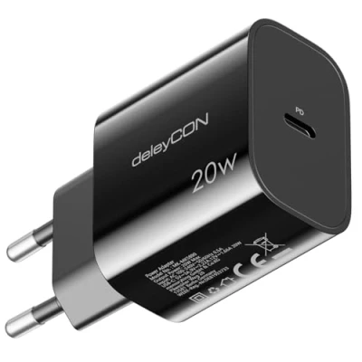 Abbildung von deleyCON USB C Ladegerät (Schnellladegerät) Netzteil für iPhone 16, 15, Pro, Pro Max, iPad, Airpods 4, Watch, Galaxy S24/S23, Pixel, Handy, PD 3.0 Charger Schwarz