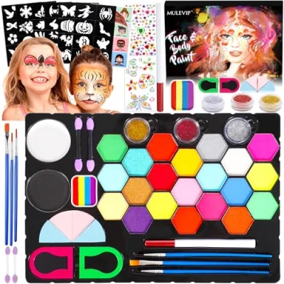 Abbildung von MULEVIP Kinderschminke Set 27 Farben Kinderschminken Set,Gesichtsfarbe Kinderschminken,Halloween Schminke mit 60 Schablonen,Strasssteine,Berufs Pinsel,Kinderschminken für Fasching Halloween Karneval