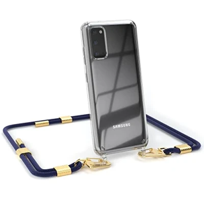 Abbildung von EAZY CASE kombinierbare Handyketten kompatibel mit Samsung Galaxy S20 / 5G, Transparente Silikon Hülle stylischen rundem Umhängeband, Abnehmbarer Karabiner, Riemen, Nacht Blau Clips Gold