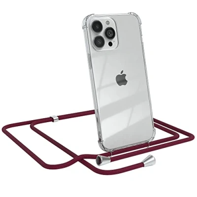 Abbildung von EAZY CASE Handykette kompatibel mit iPhone 13 Pro Max Handyhülle Umhängeband, Handykordel Schutzhülle, Silikonhülle, Hülle Band, Stylische Kette für Smartphone, Burgunder Rot