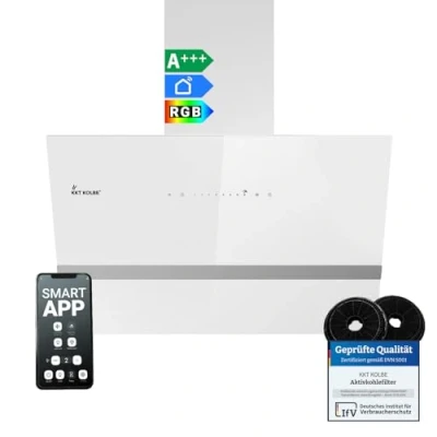 Abbildung von KKT KOLBE Dunstabzugshaube 60 cm 782 cbm/h Umluft Abluft Kopffrei Wandhaube Weiß Glas Smart WiFi App WLAN RGBW LED Beleuchtung EASY6005WM