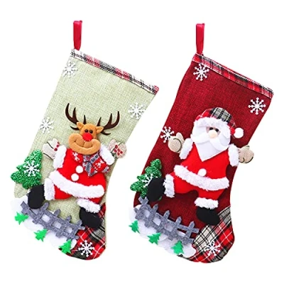 Abbildung von Mousyee Nikolausstrumpf, Nikolausstiefel Hängende Weihnachtsstrümpfe für Baumschmuck Weihnachtssockensack, Socke Geschenktüte Bonbonbeutel Tasche mit Plaid (Weihnachtsmann und Rentier)