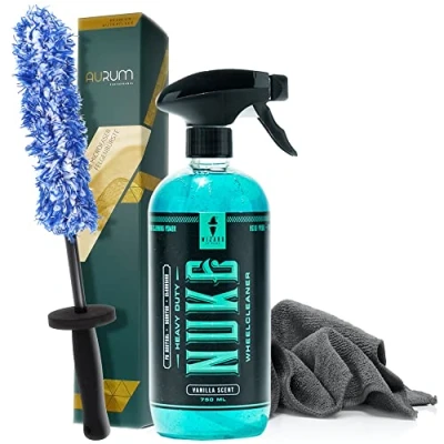 Abbildung von detailmate Felgenreinigungsset: Wizard of Gloss Nuke 750ml Felgenreiniger + Aurum ultraFlat Microfaser Felgenbürste Mikrofasertuch 320GSM