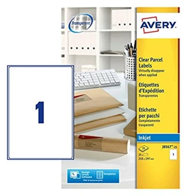 Abbildung von Avery J8567 25 Adressetiketten (1 Etikett pro Blatt, 210 x 297 mm) Stück transparent
