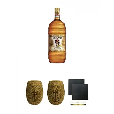 Abbildung von Captain Morgan Spiced Gold Jamaika 1,5 Liter + Plantation MUG ohne Eichstrich 1 Stück Schiefer Glasuntersetzer eckig ca. 9,5 cm Ø 2