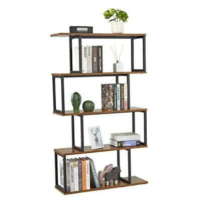 Abbildung von Meerveil Bücherregal, Standregal mit 4 Ebenen, Aufbewahrungsregal Holz S Form, Industrie Design, 74 x 24 128 cm, Dekoregal für Pflanzen &amp; Bücher, Wohnzimmer, Schlafzimmer, Büro, Braun