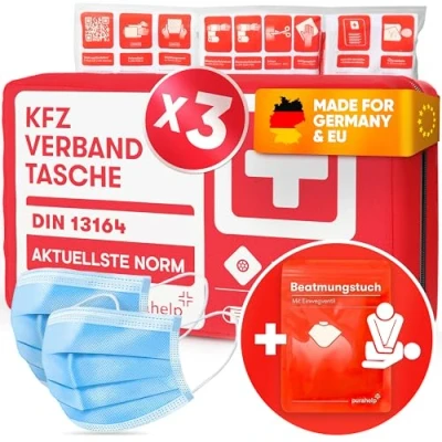 Abbildung von PURAHELP 3x KFZ Verbandstasche nach aktueller Norm 2025 DIN 13164 (StVO konform) Inkl. Beatmungstuch Erste Hilfe Set Auto Verbandskasten