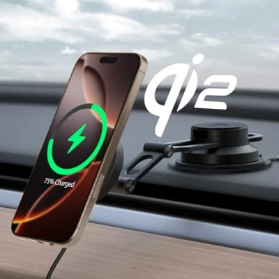Abbildung von Spigen OneTap Pro 4 Qi2 15W MagSafe Autohalterung mit Ladefunktion, Zertifiziert, Armaturenbrett Ladegerät, Schellladen, Auto Handyhalterung für iPhone 16 15 14 13 12 Max Plus Schwarz