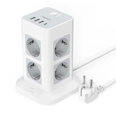Abbildung von TESSAN 8 Fach Mehrfachsteckdose mit USB C, Steckdosenleiste Überspannungsschutz 3 und 1 Mehrfachstecker Steckdosenturm Schalter, Verlängerungskabel 2M für Zuhause, 3600W
