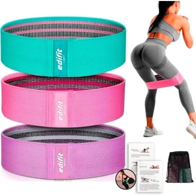 Abbildung von Edifit, Fitnessbänder, mit 3 Widerstandsstufen, Fitness, rutschfeste Gummibänder, 3er Pack, für Fitnessstudio, Yoga, Crossfit, Pilates oder Heimübungen (Lila, Rosa und Grün)