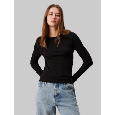 Abbildung von Calvin Klein Jeans LONG Sleeve Label Langarmshirt, Damen, Größe: Medium, Ck black