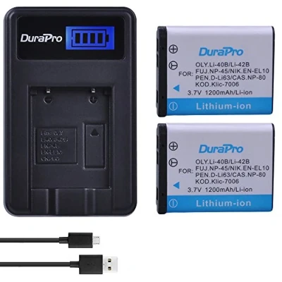 Abbildung von DuraPro 2X Akku Li 40B 42B mit LCD USB Ladegerät für Olympus Nikon EN EL10 Fuji NP 45 Pentax D Li63 Kodak Klic 7006 Casio 80 FinePix J10 J15 J100 J110w