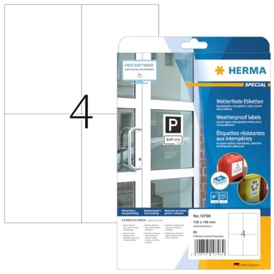 Abbildung von HERMA 10796 Wetterfeste Etiketten imprägniert, 20 Blatt, 105 x 148 mm, 4 pro A4 Bogen, 80 Stück, selbstklebend, bedruckbar, matt, blanko Outdoor Klebeetiketten aus Spezialpapier, weiß