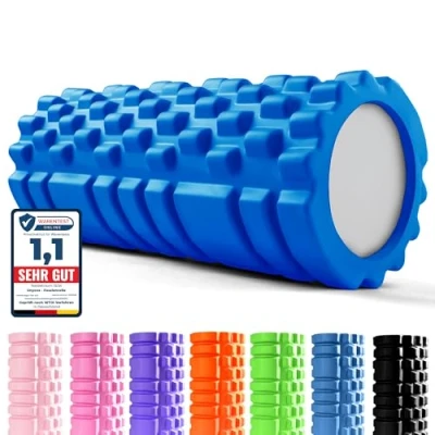 Abbildung von unycos Faszienrolle (33x14 cm), Fitness Rolle mit 3D Texturmassage und 50 Übungen E Book, Hartschaumrolle zur Selbstmassage, Belastbar 130 kg, Massagerolle für Funktionales Training (Dunkelblau)