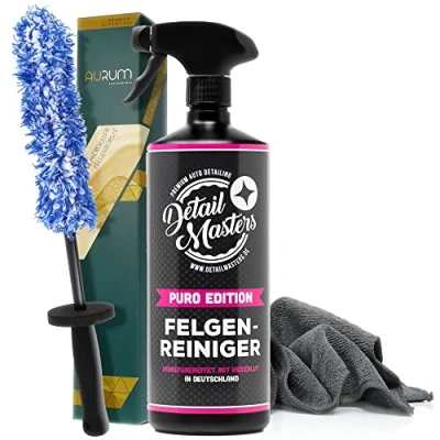 Abbildung von detailmate Felgenreinigungsset: Detailmasters Felgenreiniger 1L + Aurum ultraFlat Microfaser Felgenbürste Mikrofasertuch 320GSM