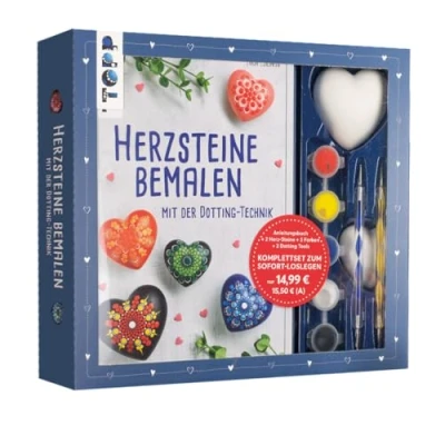 Abbildung von Kreativ Set Herz Steine bemalen mit der Dotting Technik: Anleitungsbuch Grundlagen, 2 Gipssteine in Größen, Tools 4 Spitzen und 5 Acrylfarben Rot, Gelb, Blau, Weiß Schwarz