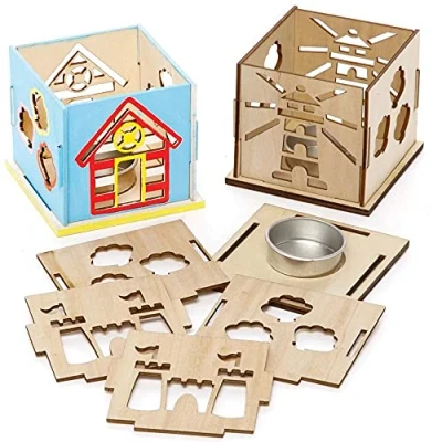 Abbildung von Baker Ross FE344 Modellbausatz aus Holz, Teelichthalter zum Dekorieren und Präsentieren, ideal für Kunst Bastelprojekte Kinder, 3 Stück